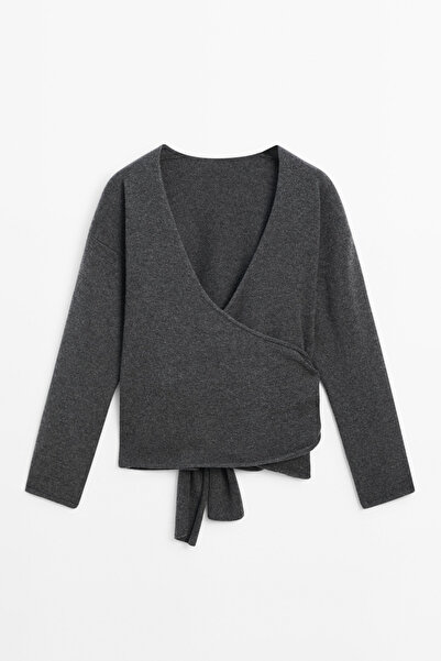 LOOSH Kadın Antrasit V Yaka Kruvaze Fiyonk Bağlama Hırka