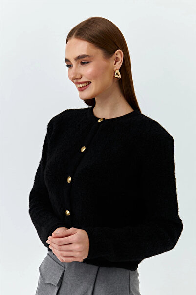 Bolesa Suadiye Women's Crew Neck Gold Buttoned Towel Patterned Knitwear Cardigan