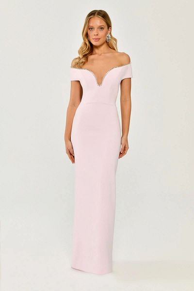 ALFABETA Stylish Shoulder Open Stripe Jewelled Evening Dress