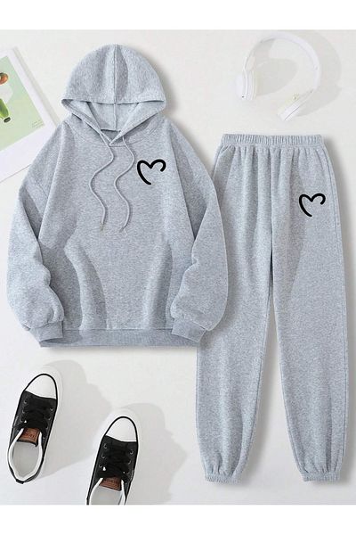 Boi Σετ φόρμας Half Heart Combination Bottom Top - Γκρι εμπριμέ Oversize Λαστιχένια κουκούλα ποδιών