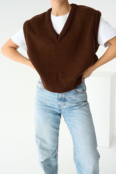 LOOSH Kadın Kahve V Yaka Fitilli Kenarlı Kolsuz Süveter