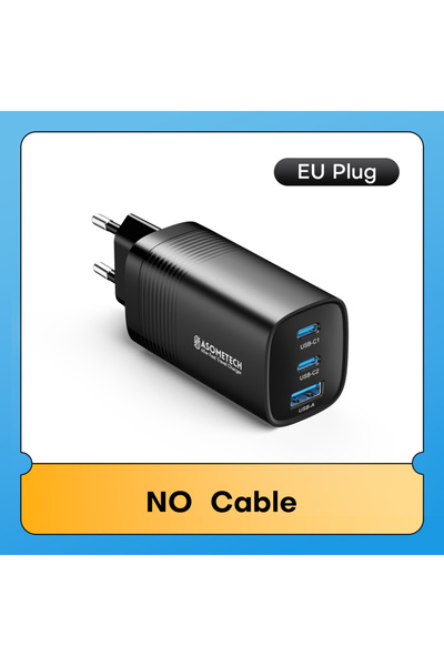ASOMETECH شاحن USB-C أسود اللون، قابس أوروبي، 65 واط، بتقنية GaN، يدعم الشحن ...