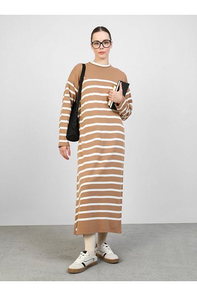 Benin Striped Crew Neck Basic Knitwear Hijab Dress - Camel - Benin