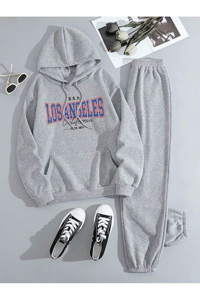Boi Los Angeles Since Combination Bottom Top Σετ αθλητικής φόρμας - Γκρι εμπριμέ μεγάλου μεγέθους λαστιχένια κουκούλα