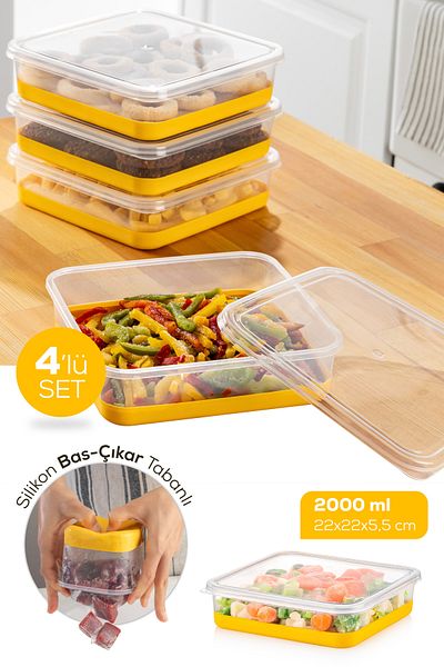 Vienev 2000 ml Silicone Based 4 Piece Deep Freezer - Freeze Storage Container - Yellow