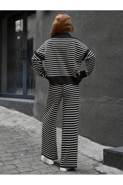 CLOUDY WEAR&DESİGN Kadın Gömlek Yaka Çizgili Triko Takım