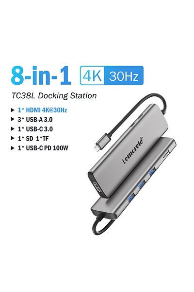 Choice محطة إرساء Lemorele TC38 8 في 1 مزودة بـ 8 منافذ USB C HUB محول USB من النوع C بدقة 4K USB إلى HDMI PD100W SD TF