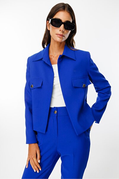 Moda İlgi Modailgi  Pens ve Kapak Detaylı Kısa Ceket Saks