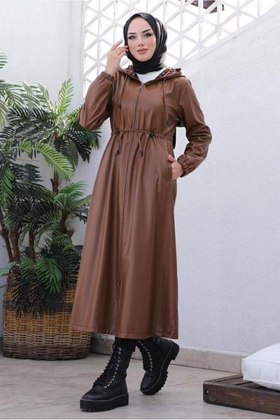 TRENDTESETTÜR Tan Hooded Γυναικείο Δερμάτινο Παλτό - Faux 4121