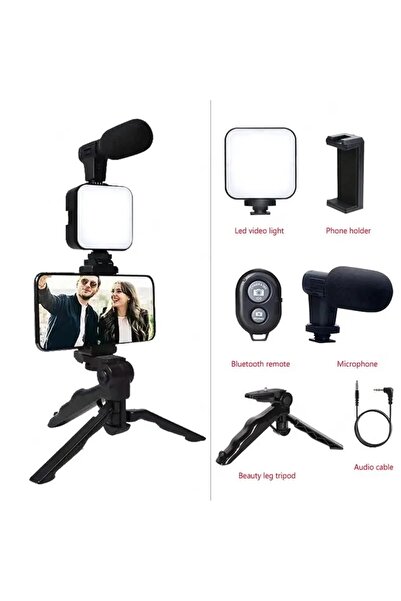 Choice black Smartphone Vlogging Kit With Tripod Phone Holder Mini Microphone LED Fill Light Starter For Ti