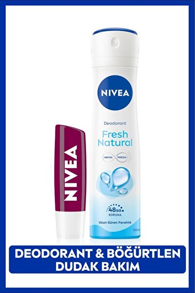 NIVEA Kadın Sprey Deodorant Fresh Natural 150ml, 48 Saat Koruma, Nemlendirici Böğürtlen Dudak Bakım Kremi