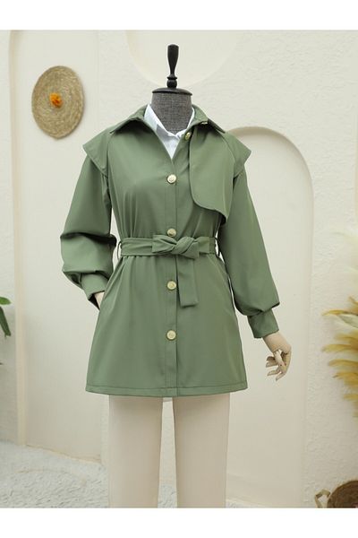 Modamorfo Brooch Buttoned Double Buttoned Belted Trench Coat -Khaki