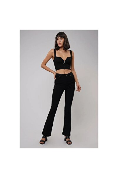 ByCukurovaFrango By-8500 Jeans Black High Waist Flared Denim Trousers