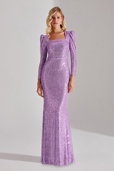 BETTY & SAM ANJAA Işıltılı Lila Kare Yaka Balık Gece Elbisesi