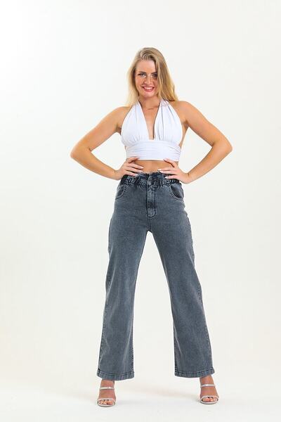 MAKRAS EXCLUSIVE A130050 Jeans Drawstring Waist Elastic High Waist Boyfriend Wide Leg Jeans