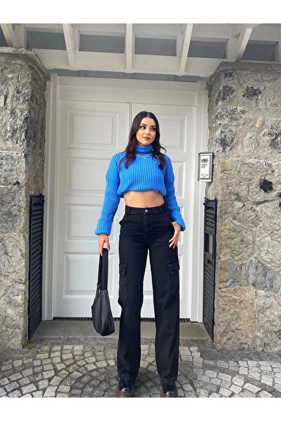 ByCukurovaFrango Μαύρο τζιν με ψηλή μέση, φαρδιά μπατζάκια και τσέπες cargo