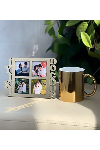 Gift Moda İyiki Doğdun 4 Fotoğraf Standlı Mdf Gold Çerçeve Ve Gold Kupa Set