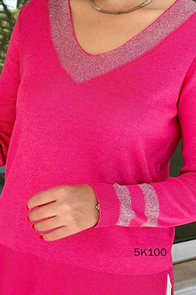 İnce Topuk Glittery V-Neck Knitwear Blouse - 5K100