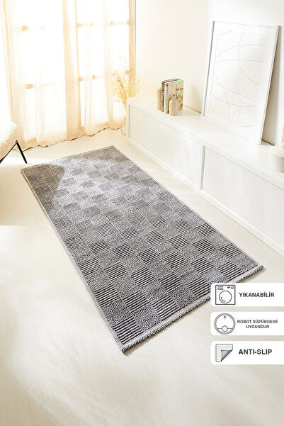 Ocean Home Textile Yıkanabilir Pamuklu Gri Renk Dama Desen Kilim