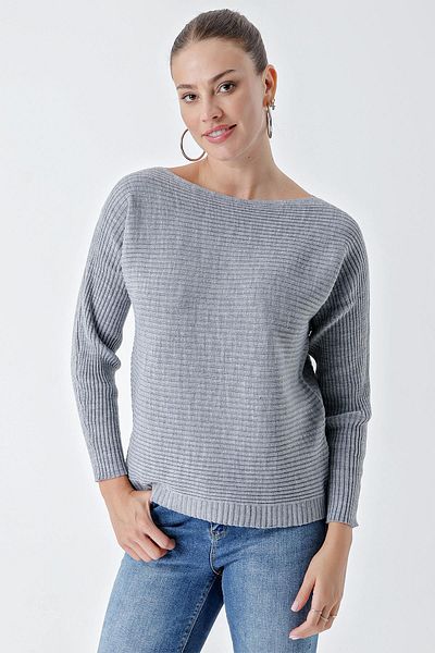 CHUBA Pulover de damă din tricotaje casual cu nervuri gri - Gât barca 24w109