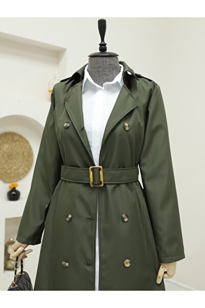 Modamorfo Düğmeli Kemerli Ara Boy Trençkot -haki