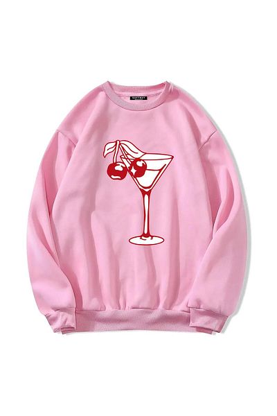 SOFTWAY ΡΟΖ Unisex Oversize Cherry Cocktail εμπριμέ φούτερ - Crew Neck