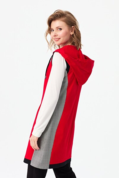 Esswaap Yanları Ekose Kombinli Ribanalı Yelek Kırmızı