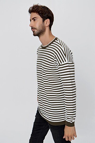 CHUBA Ανδρικό πουλόβερ με λωρίδες και λωρίδες με λαιμόκοψη Χακί-Εκρού 23w206