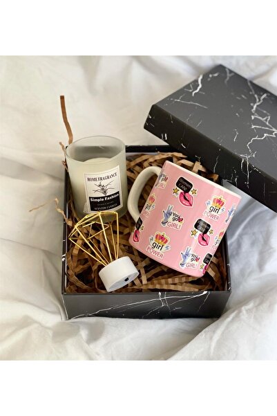 Gift Moda Özel Kutulu Woman Can Tasarımlı Kupa Kokulu Cam Mum Ve Mini Elmas Lamba Hediye Seti