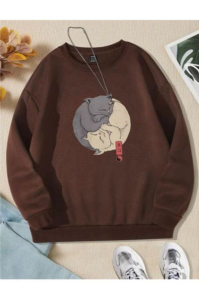 OFFSIDESIGN Ying Yang Cat Printed Unisex Oversize Φούτερ - Crew Neck, Μαύρο Λευκό Γκρι Κόκκινο