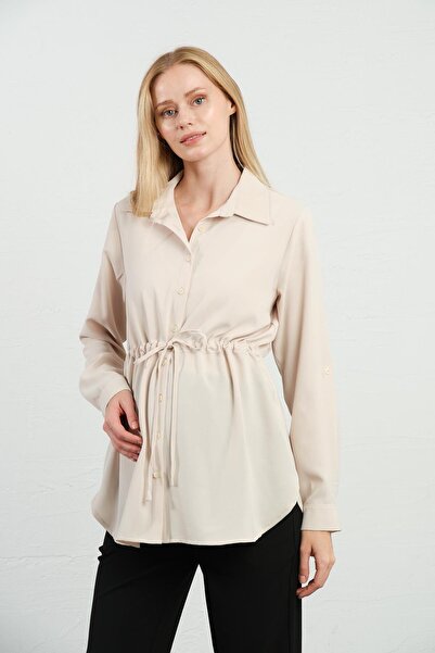 BUSA Cream Colored Maternity Shirt - Waist Lace, Long Sleeve
