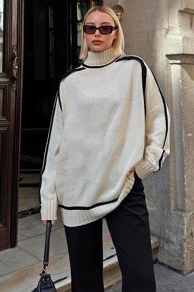 Swist Beige Dirty Stitching Half Fisherman Stripe Detail Damen-Strickpullover