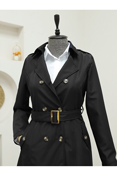 Modamorfo Düğmeli Kemerli Ara Boy Trençkot -siyah