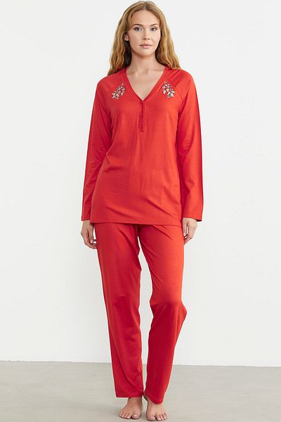 Sementa Set de pijamale cu nasturi cu broderie de culoare coral