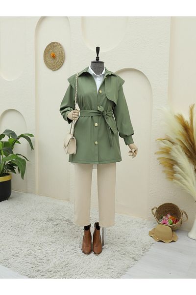Modamorfo Brooch Buttoned Double Buttoned Belted Trench Coat -Khaki
