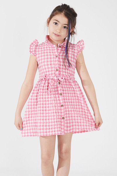 Cansın Mini Rochie roz pentru fetiță cu guler cu model pătrat 15067