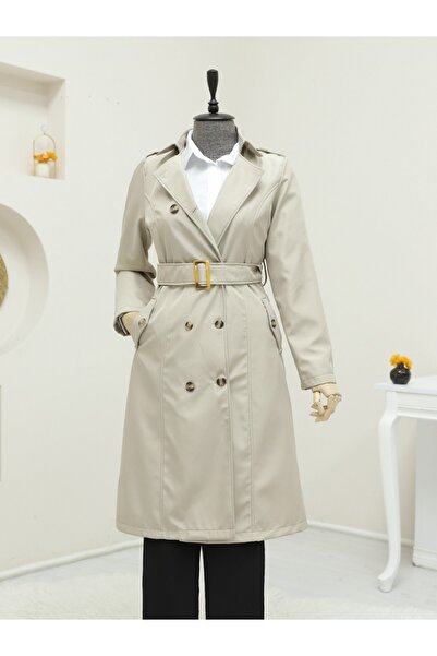 Modamorfo Buttoned Belted Medium Length Trench Coat - Stone
