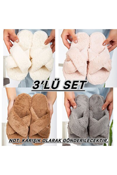 TERLİKLAND Πακέτο 3 βελούδινες χειμερινές παντόφλες Παντόφλες για το σπίτι Σετ προίκα πακέτο Παντόφλες επισκεπτών