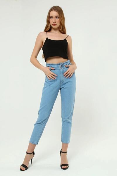 ByCukurovaFrango BY-6849 Τζιν παντελόνι Ice Blue με ψηλή μέση μέση και κορδόν...