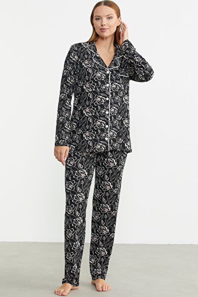 Sementa Shirt Collar Buttoned Pajama Set - Black