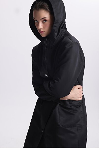 Zühre Kapüşonlu Cep Detaylı Siyah Trençkot 13612
