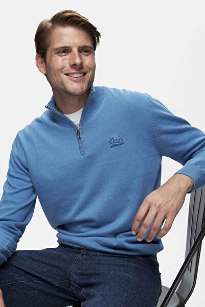 UCLA Мъжка блуза с поло, половин цип, изработена от трикотаж, с бродерия и стандартна кройка, Fred Blue