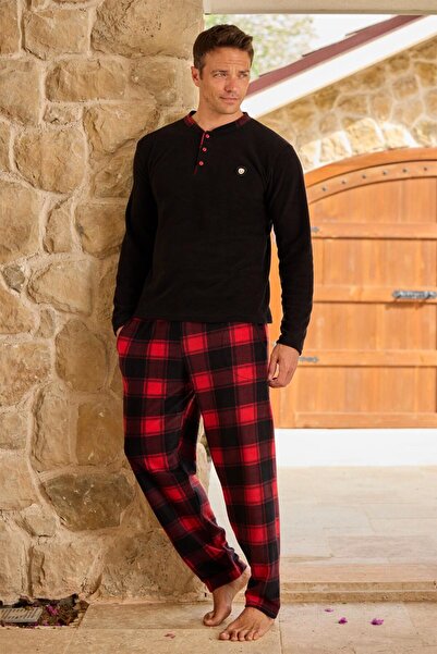 Pijamoni Мъжки пижамен комплект - дълъг ръкав, преобладаваща яка, кариран полар