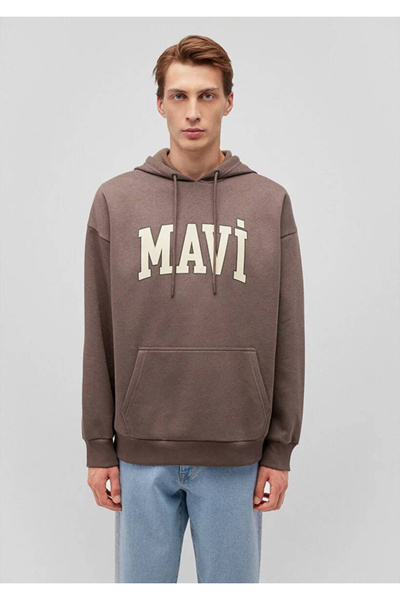 Mavi Logo Baskılı Kapüşonlu Kahverengi Sweatshirt 067149-87875