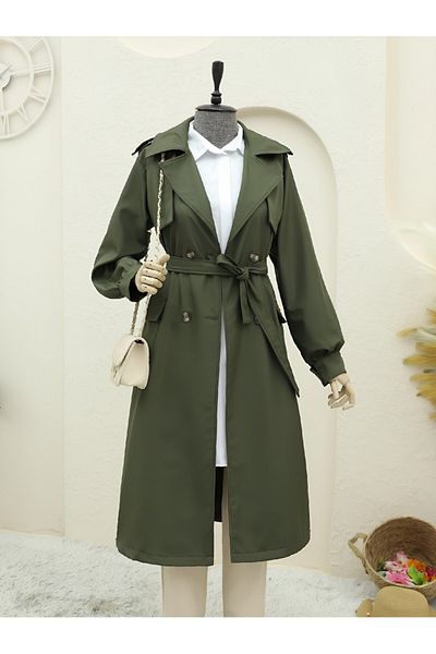 Modamorfo Bolero Detailed Trench Coat with Bag Pockets - Khaki