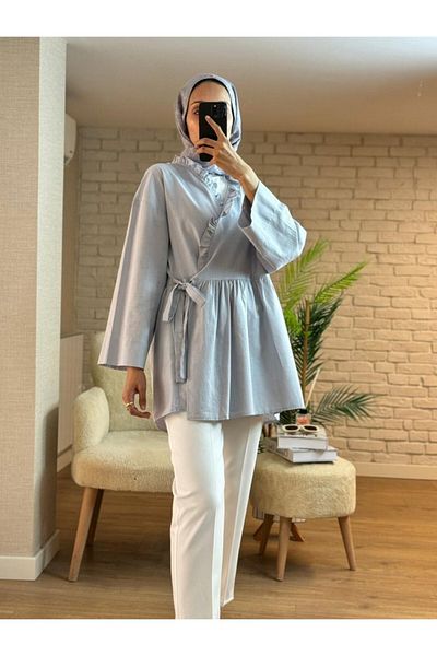 Modamorfo Seitlich gebundener Leinen-Kimono mit Rüschen am Hals – Hellgrau