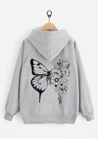Pink Sky Women's Gray Butterfly Printed Detailed Hooded Sweatshirt
