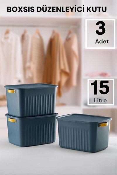 Bayev Boxs 3 Pieces Blue 15 Lt Organizer Box with Lid Storage Decorative In-Cabinet Organizer