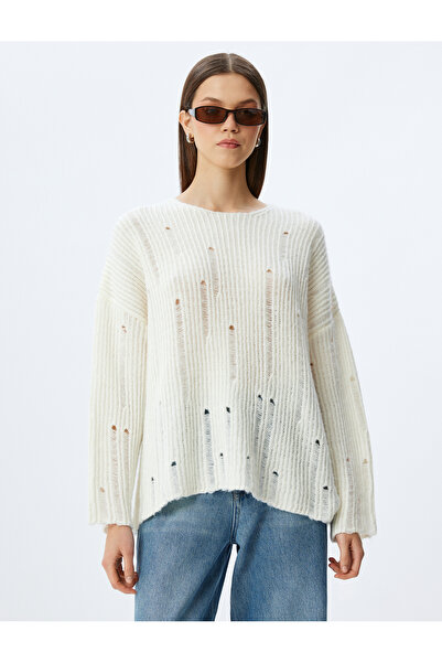 Koton Crew nyakú, kopott hosszú ujjú, kényelmes szabású kötöttáru pulóver