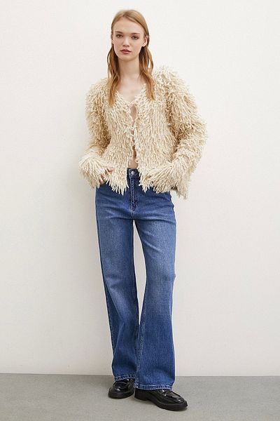 Never more Ecru V-Neck Fringed Cardigan